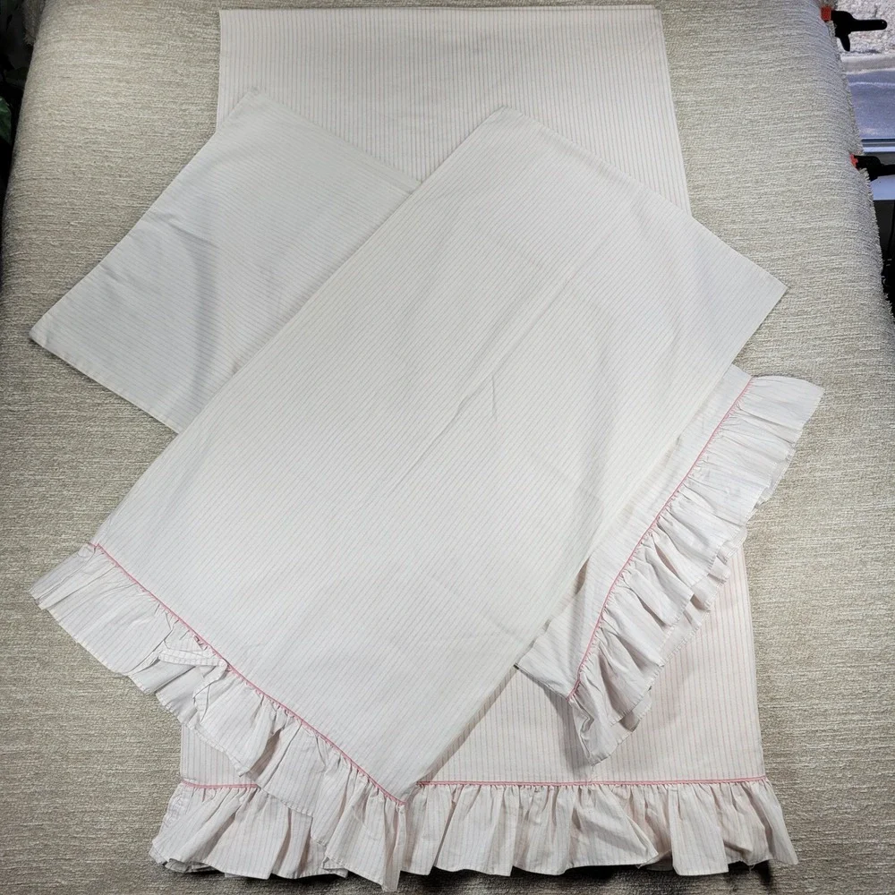 Laura Ashley Ticking Stripe King Sheet Set Pink Ruffle Bedding USA Made Vintage